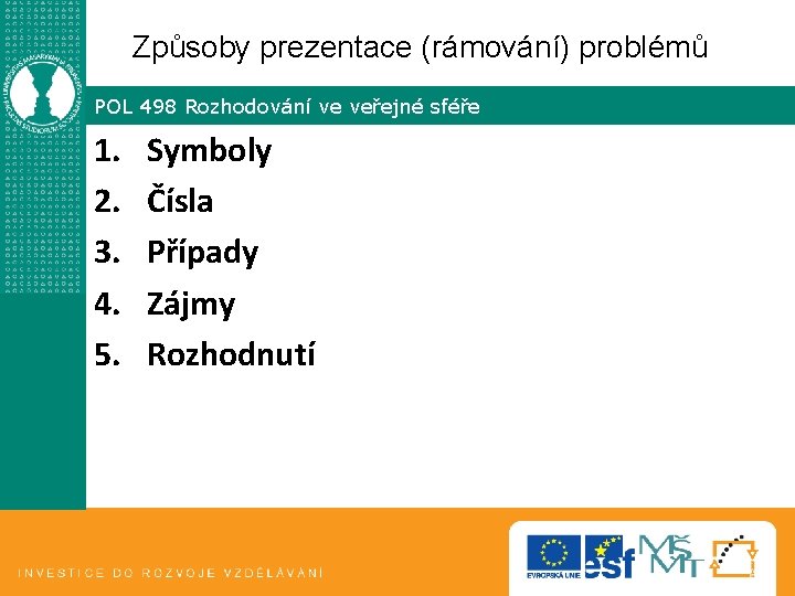 Způsoby prezentace (rámování) problémů POL 498 Rozhodování ve veřejné sféře 1. 2. 3. 4.