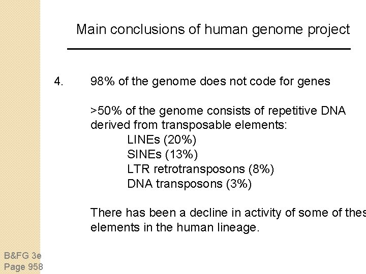 Main conclusions of human genome project 4. 98% of the genome does not code Main conclusions of human genome project 4. 98% of the genome does not code
