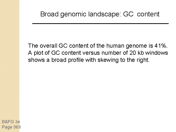 Broad genomic landscape: GC content The overall GC content of the human genome is Broad genomic landscape: GC content The overall GC content of the human genome is