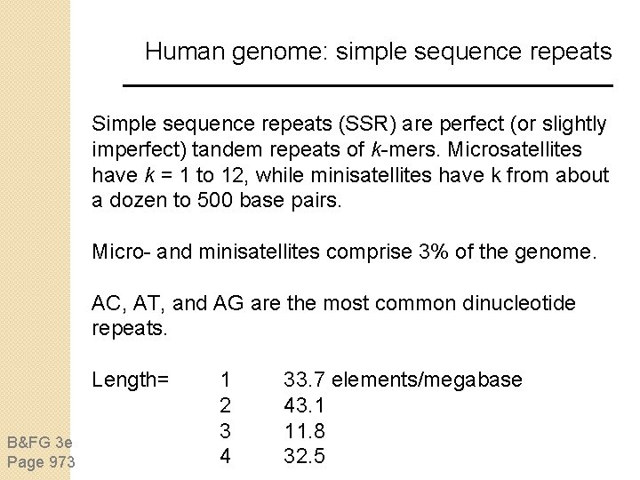 Human genome: simple sequence repeats Simple sequence repeats (SSR) are perfect (or slightly imperfect) Human genome: simple sequence repeats Simple sequence repeats (SSR) are perfect (or slightly imperfect)