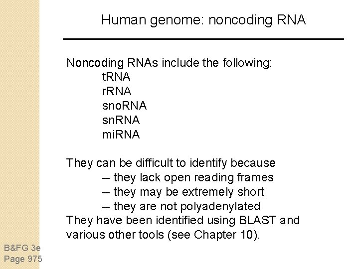 Human genome: noncoding RNA Noncoding RNAs include the following: t. RNA r. RNA sno. Human genome: noncoding RNA Noncoding RNAs include the following: t. RNA r. RNA sno.