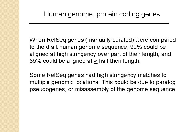 Human genome: protein coding genes When Ref. Seq genes (manually curated) were compared to Human genome: protein coding genes When Ref. Seq genes (manually curated) were compared to