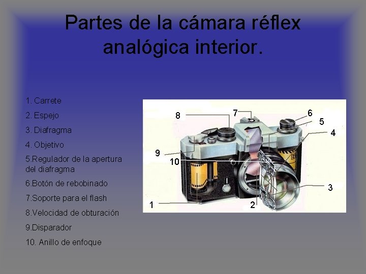 Partes de la cámara réflex analógica interior. 1. Carrete 8 2. Espejo 7 6