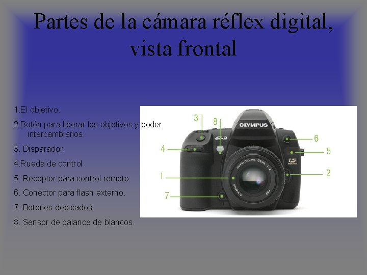 Partes de la cámara réflex digital, vista frontal 1. El objetivo. 2. Botón para