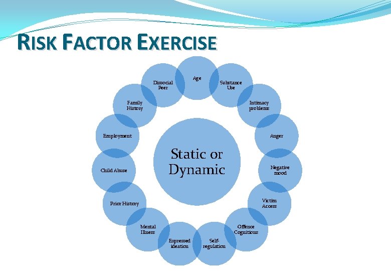 RISK FACTOR EXERCISE Dissocial Peer Age Substance Use Family History Intimacy problems Employment Anger