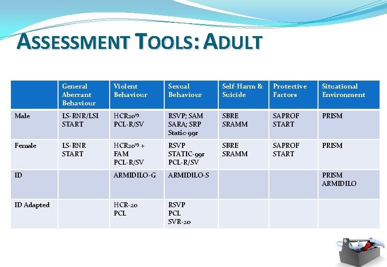 ASSESSMENT TOOLS: ADULT General Aberrant Behaviour Violent Behaviour Sexual Behaviour Self-Harm & Suicide Protective
