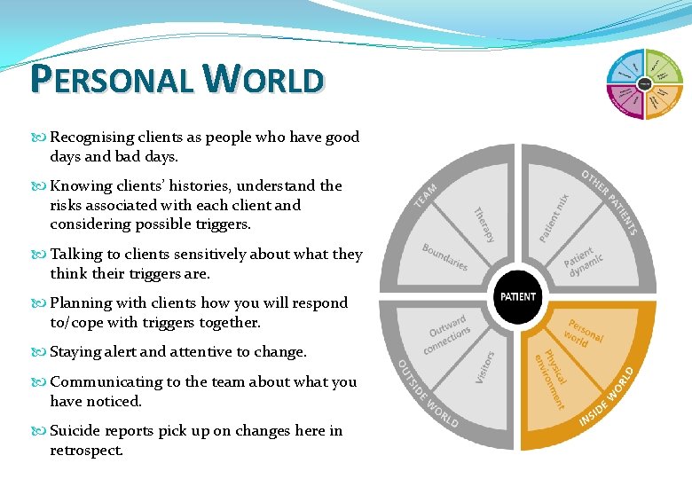 PERSONAL WORLD Recognising clients as people who have good days and bad days. Knowing