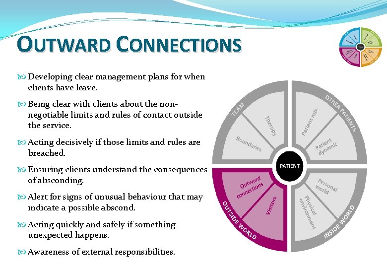 OUTWARD CONNECTIONS Developing clear management plans for when clients have leave. Being clear with