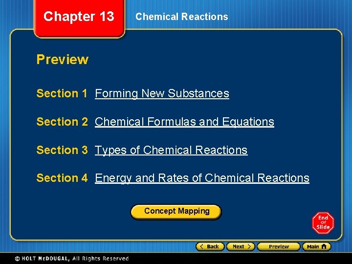 Chapter 13 Chemical Reactions Preview Section 1 Forming New Substances Section 2 Chemical Formulas