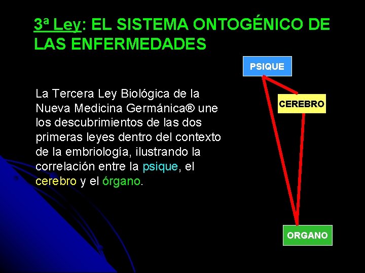 3ª Ley: EL SISTEMA ONTOGÉNICO DE LAS ENFERMEDADES PSIQUE La Tercera Ley Biológica de