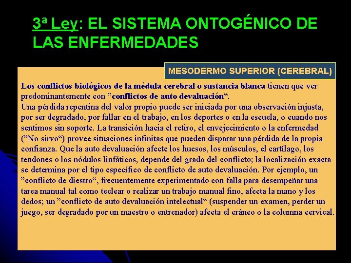 3ª Ley: EL SISTEMA ONTOGÉNICO DE LAS ENFERMEDADES MESODERMO SUPERIOR (CEREBRAL) Los conflictos biológicos