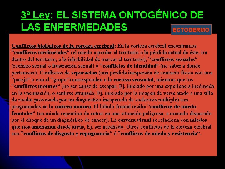3ª Ley: EL SISTEMA ONTOGÉNICO DE LAS ENFERMEDADES ECTODERMO Conflictos biológicos de la corteza