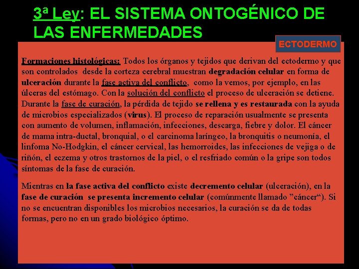 3ª Ley: EL SISTEMA ONTOGÉNICO DE LAS ENFERMEDADES ECTODERMO Formaciones histológicas: Todos los órganos