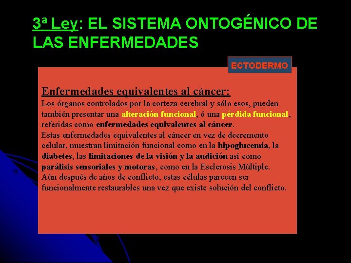 3ª Ley: EL SISTEMA ONTOGÉNICO DE LAS ENFERMEDADES ECTODERMO Enfermedades equivalentes al cáncer: Los