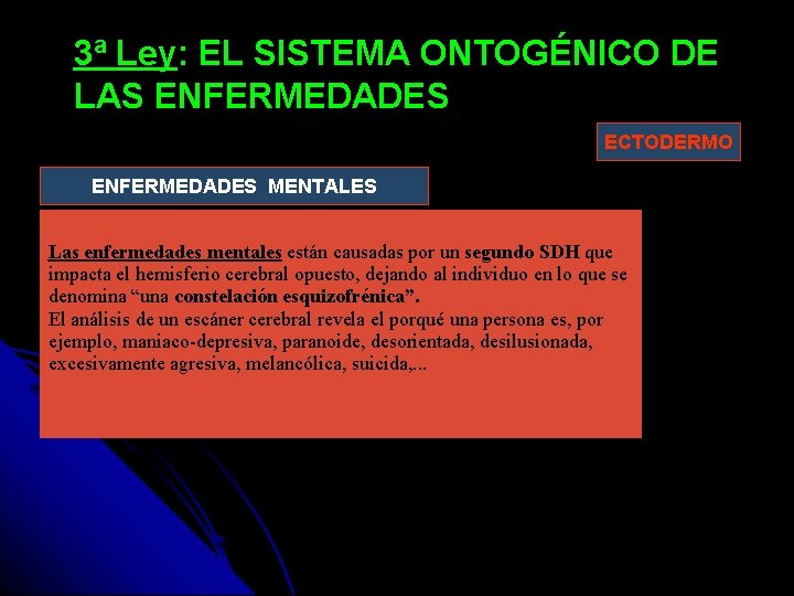 3ª Ley: EL SISTEMA ONTOGÉNICO DE LAS ENFERMEDADES ECTODERMO ENFERMEDADES MENTALES Las enfermedades mentales