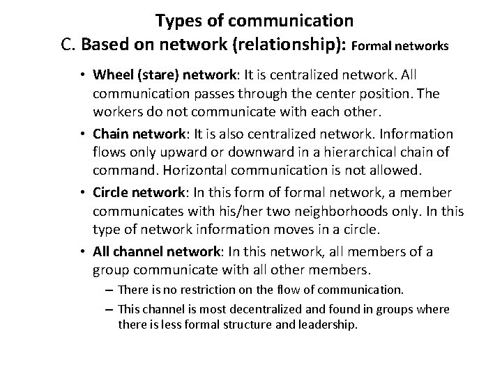 Types of communication C. Based on network (relationship): Formal networks • Wheel (stare) network: Types of communication C. Based on network (relationship): Formal networks • Wheel (stare) network:
