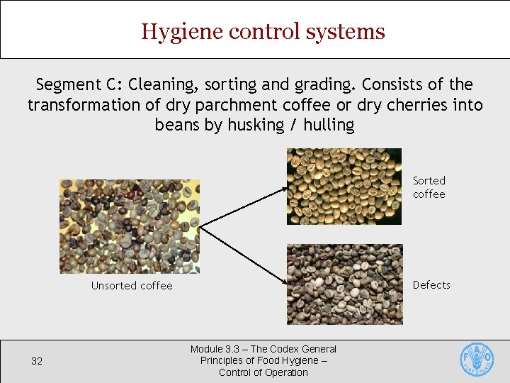 Hygiene control systems Segment C: Cleaning, sorting and grading. Consists of the transformation of