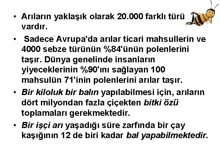 • Arıların yaklaşık olarak 20. 000 farklı türü vardır. • Sadece Avrupa'da arılar