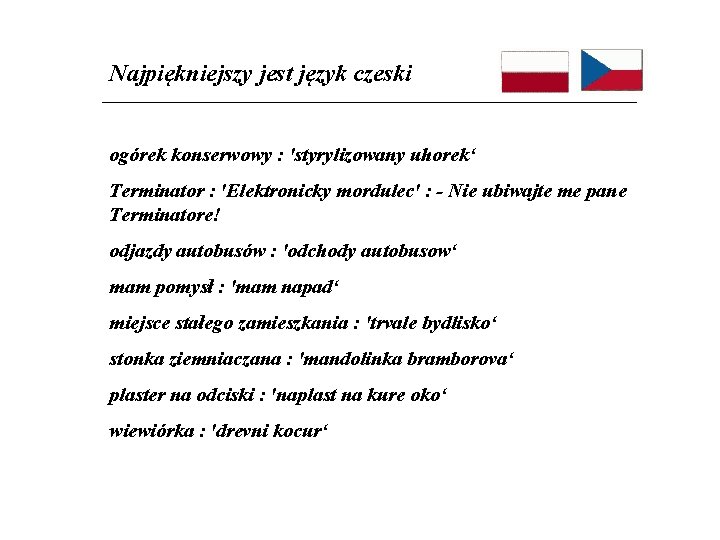 Najpiękniejszy jest język czeski ogórek konserwowy : 'styrylizowany uhorek‘ Terminator : 'Elektronicky mordulec' :