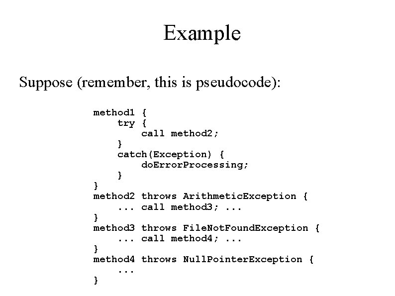 Example Suppose (remember, this is pseudocode): method 1 { try { call method 2;