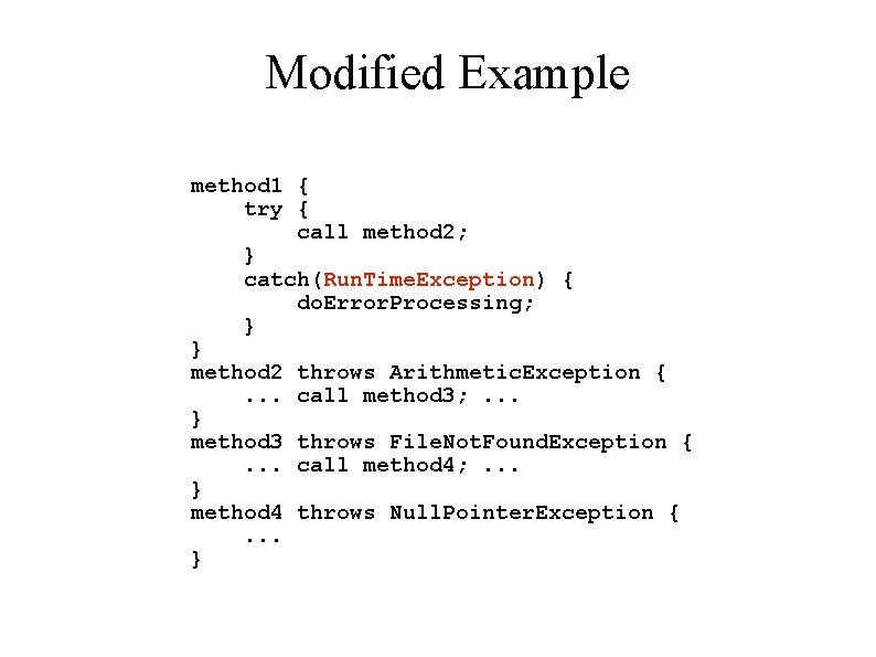 Modified Example method 1 { try { call method 2; } catch(Run. Time. Exception)