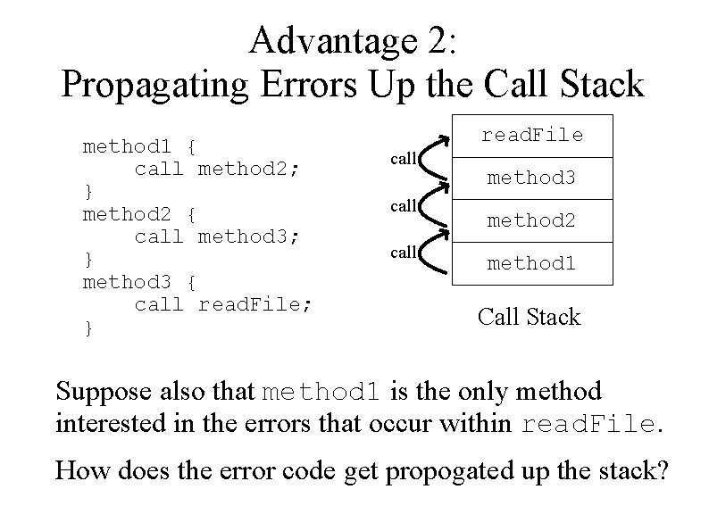 Advantage 2: Propagating Errors Up the Call Stack method 1 { call method 2;