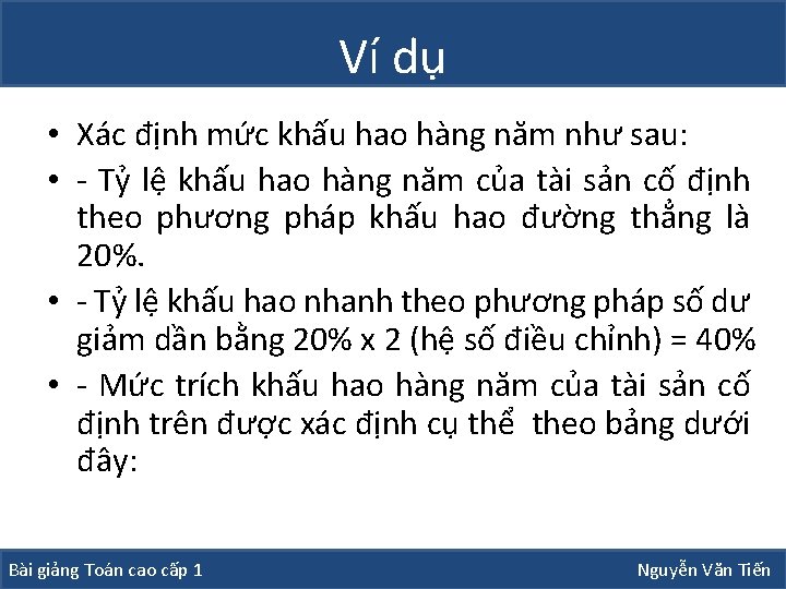 Ví dụ • Xác định mức khấu hao hàng năm như sau: • -