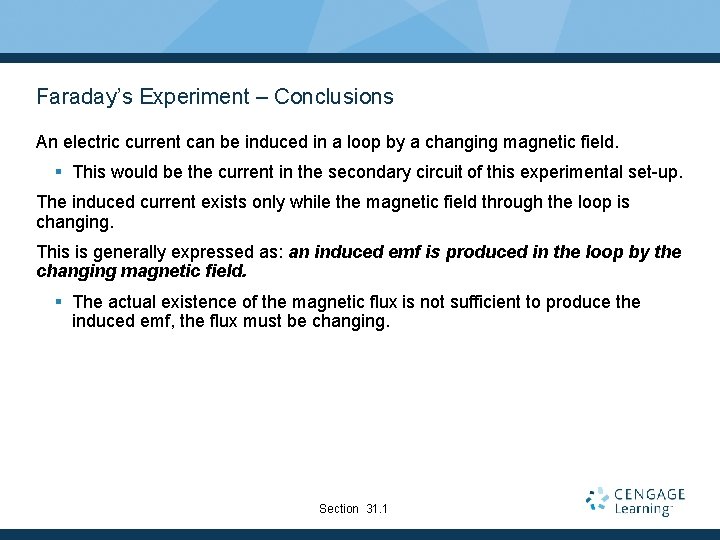 Faraday’s Experiment – Conclusions An electric current can be induced in a loop by