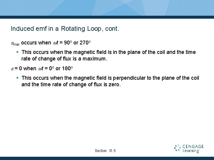 Induced emf in a Rotating Loop, cont. emax occurs when wt = 90 o