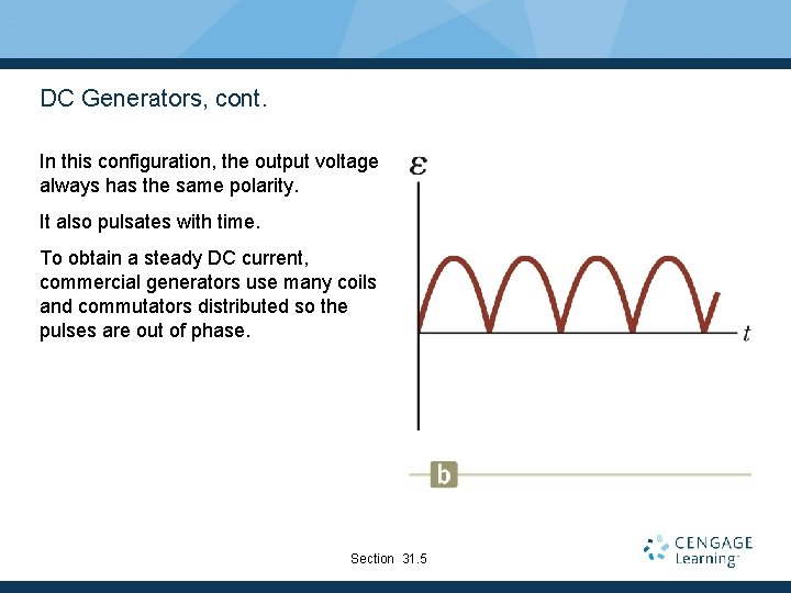 DC Generators, cont. In this configuration, the output voltage always has the same polarity.