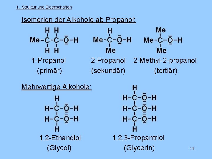 1. Struktur und Eigenschaften Isomerien der Alkohole ab Propanol: 1 -Propanol 2 -Methyl-2 -propanol