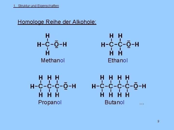 1. Struktur und Eigenschaften Homologe Reihe der Alkohole: Methanol Ethanol Propanol Butanol . .