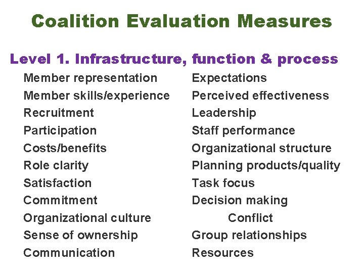 Coalition Evaluation Measures Level 1. Infrastructure, function & process Member representation Expectations Member skills/experience
