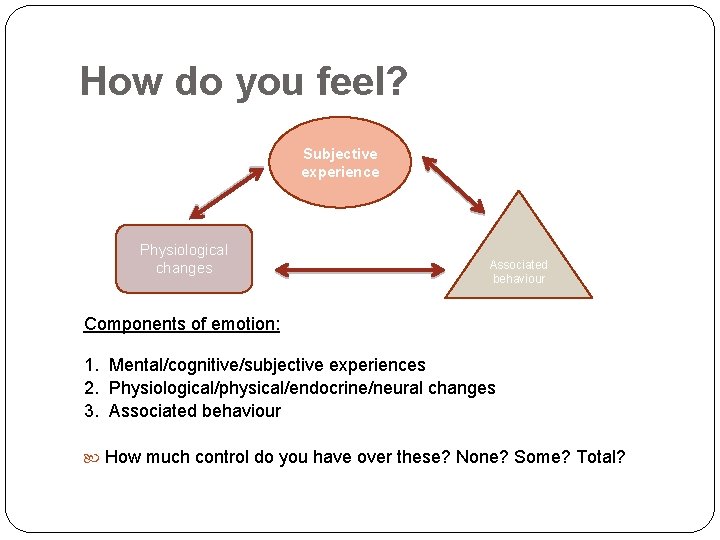How do you feel? Subjective experience Physiological changes Associated behaviour Components of emotion: 1.