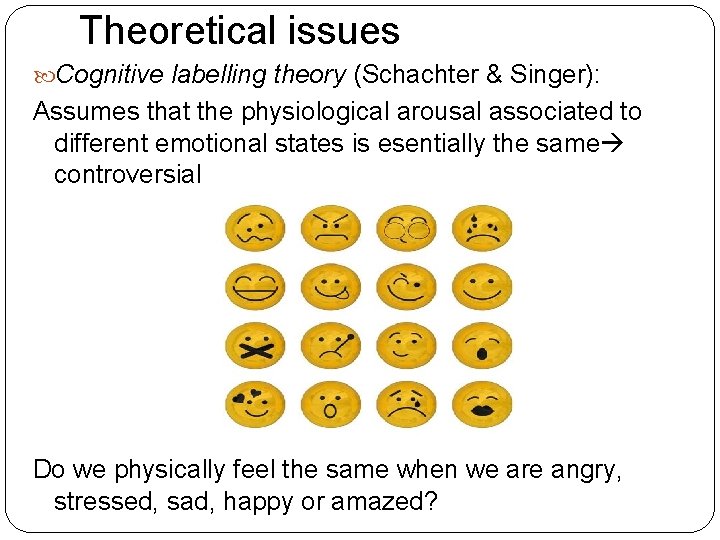 Theoretical issues Cognitive labelling theory (Schachter & Singer): Assumes that the physiological arousal associated Theoretical issues Cognitive labelling theory (Schachter & Singer): Assumes that the physiological arousal associated