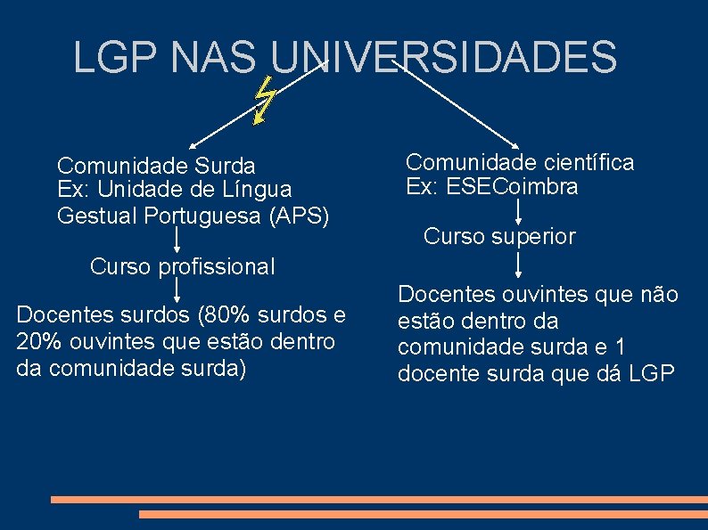 LGP NAS UNIVERSIDADES Comunidade Surda Ex: Unidade de Língua Gestual Portuguesa (APS) Comunidade científica