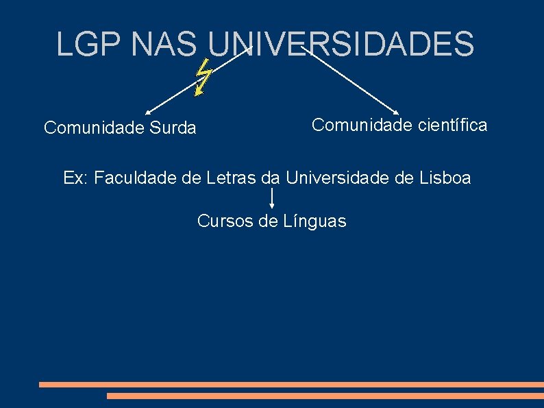 LGP NAS UNIVERSIDADES Comunidade Surda Comunidade científica Ex: Faculdade de Letras da Universidade de