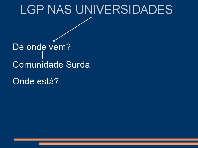 LGP NAS UNIVERSIDADES De onde vem? Comunidade Surda Onde está? 