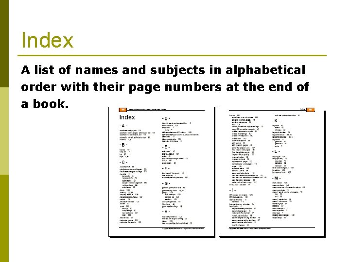 Index In English Parts of a Book A tutorial Learning Outcomes