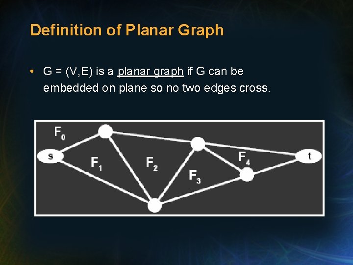 Definition of Planar Graph • G = (V, E) is a planar graph if