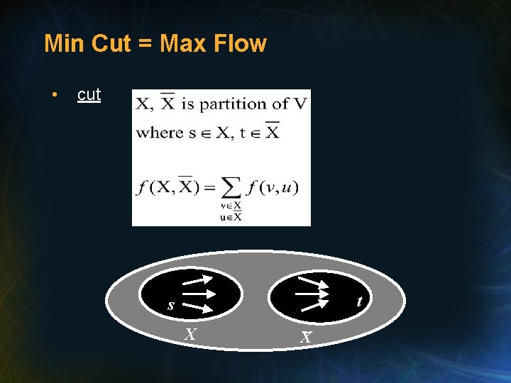 Min Cut = Max Flow • cut t s X _ X 