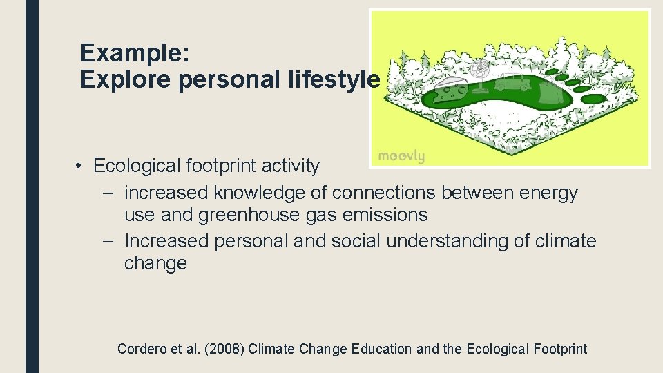 Example: Explore personal lifestyle • Ecological footprint activity – increased knowledge of connections between