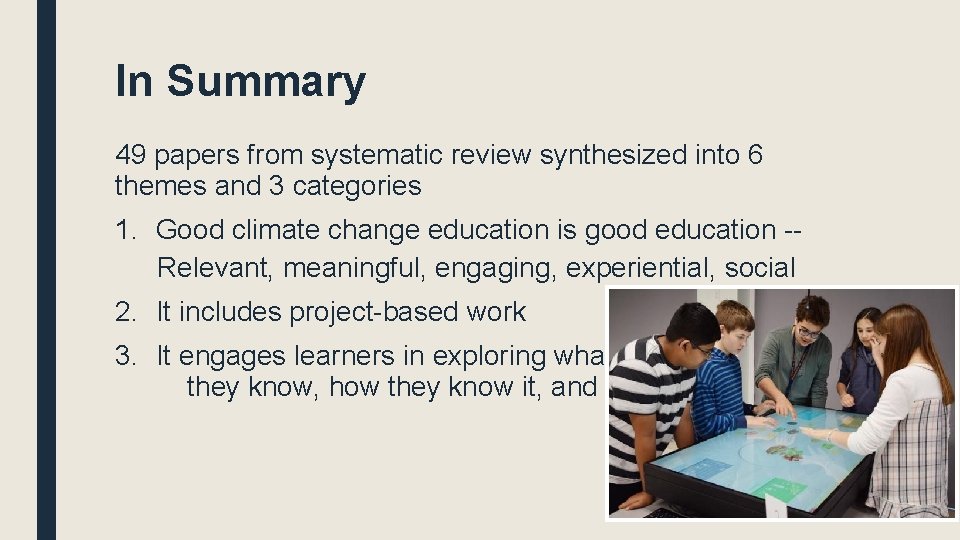 In Summary 49 papers from systematic review synthesized into 6 themes and 3 categories