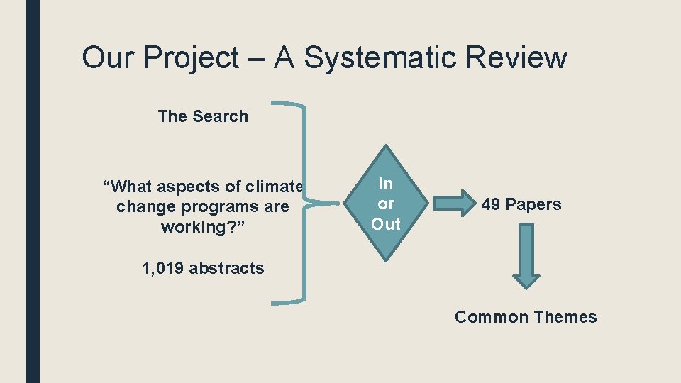 Our Project – A Systematic Review The Search “What aspects of climate change programs