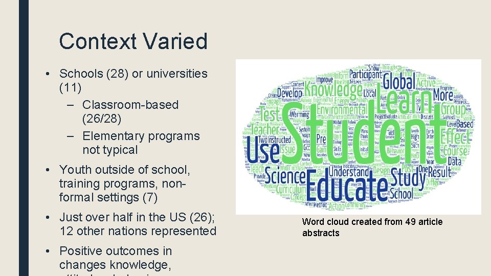 Context Varied • Schools (28) or universities (11) – Classroom-based (26/28) – Elementary programs