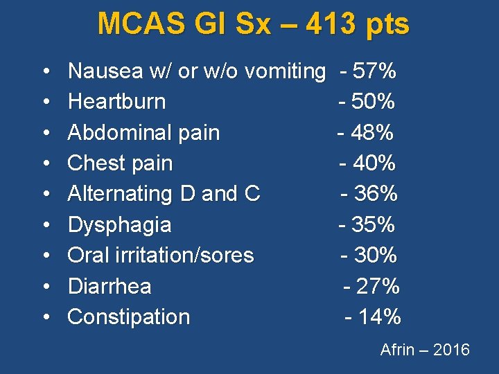 MCAS GI Sx – 413 pts • • • Nausea w/ or w/o vomiting