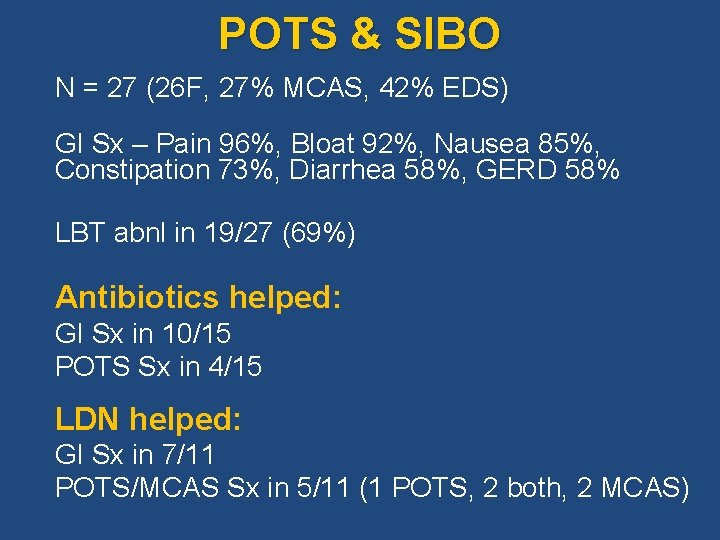 POTS & SIBO N = 27 (26 F, 27% MCAS, 42% EDS) GI Sx