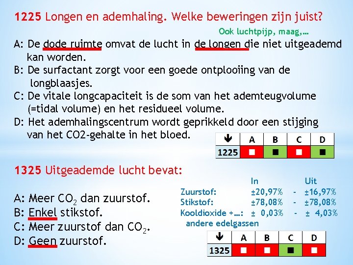 1225 Longen en ademhaling. Welke beweringen zijn juist? Ook luchtpijp, maag, … A: De