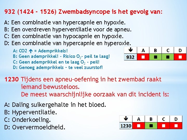 932 (1424 - 1526) Zwembadsyncope is het gevolg van: A: Een combinatie van hypercapnie