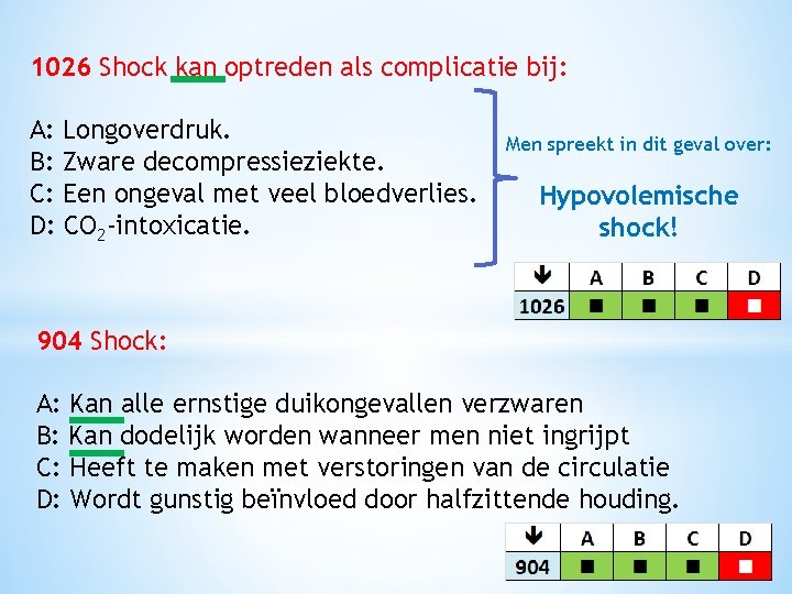 1026 Shock kan optreden als complicatie bij: A: Longoverdruk. B: Zware decompressieziekte. C: Een
